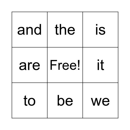 sight words Bingo Card