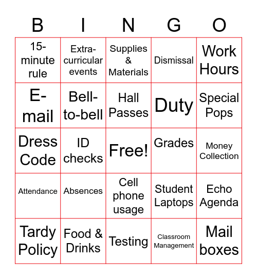 Faculty Handbook Bingo Card