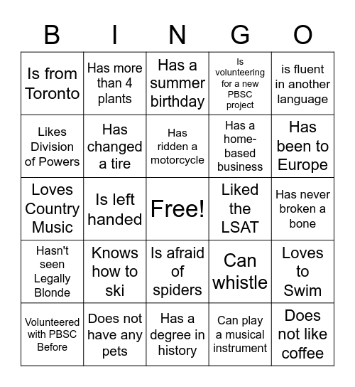 Ice Breaker Bingo Card