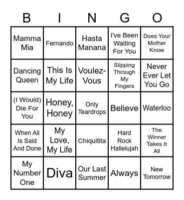 ABBA/Eurovision Song Contest Music Bingo Card