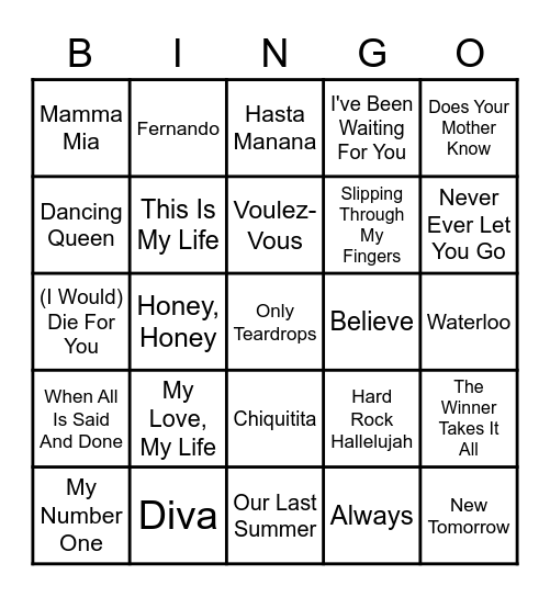 ABBA/Eurovision Song Contest Music Bingo Card