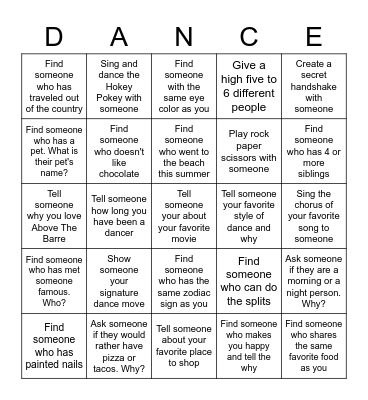 Above The Barre Bingo Card