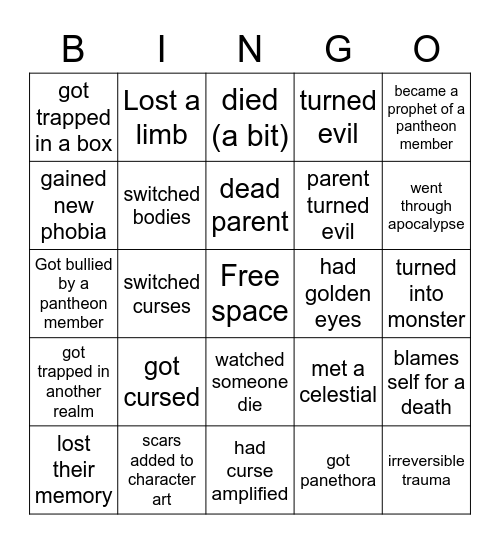 Cursed Ones Trauma Bingo Card