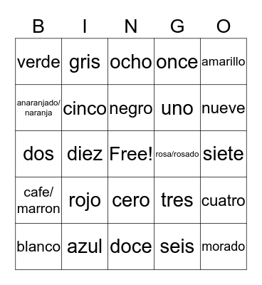 Spanish numbers & colors Bingo Card