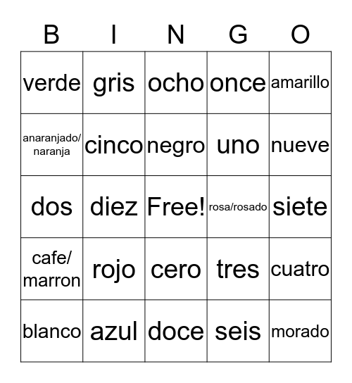 Spanish numbers & colors Bingo Card