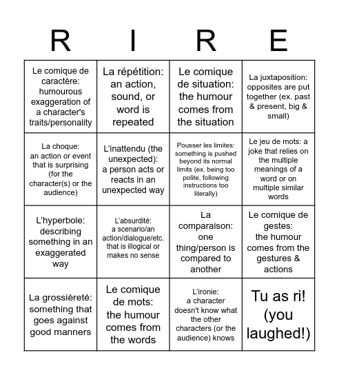 La comédie Bingo Card