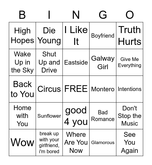 Pop Hits #2 Bingo Card
