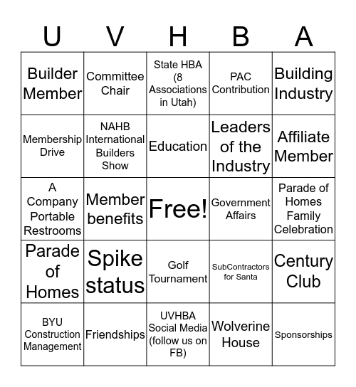UVHBA Bingo Card