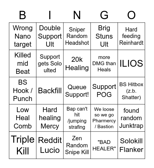 Overwatch Support Bingo Card