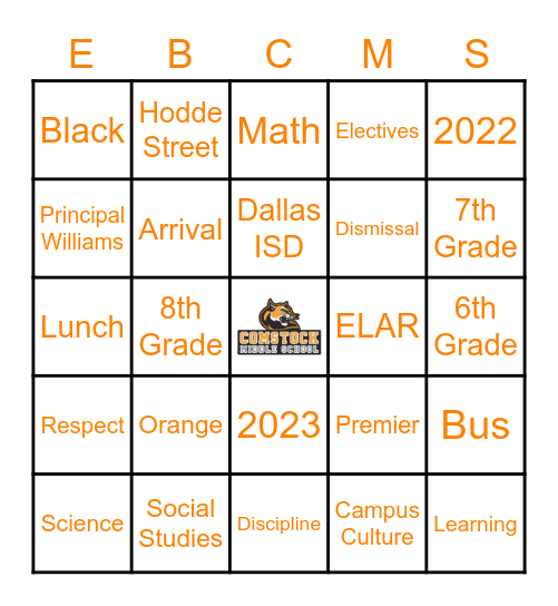 EBC Middle School Open House Bingo Card