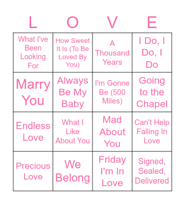 Love Songs Bingo Card