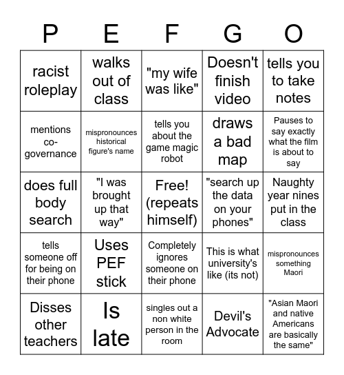 PEF Bingo Card
