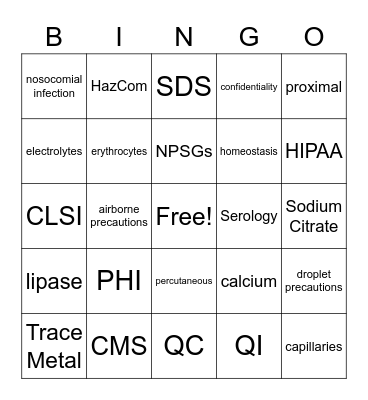 Phlebotomy Medical Terminology Bingo Card