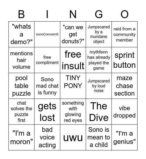 Sonoket Plays Indie Horror Bingo Card