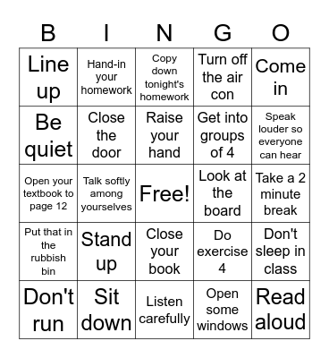 Classroom Language Bingo Card