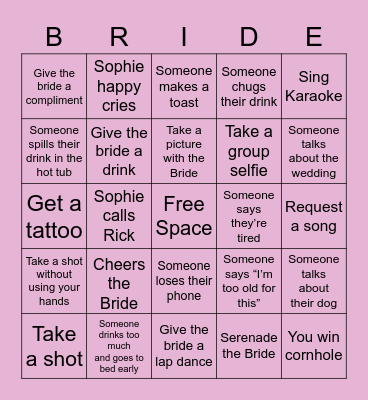 Sophie’s Bachelorette Bingo Card