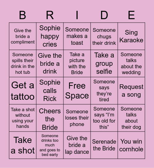 Sophie’s Bachelorette Bingo Card