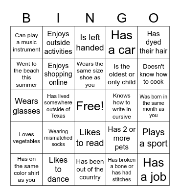 Get to Know You Bingo Card