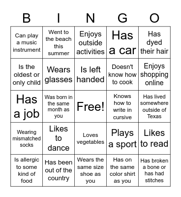 Get to Know You Bingo Card
