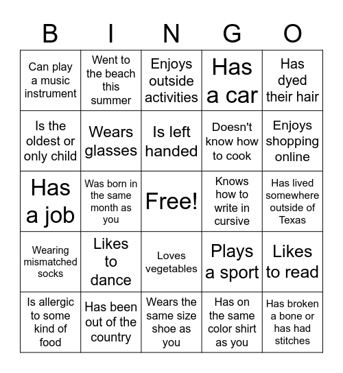Get to Know You Bingo Card