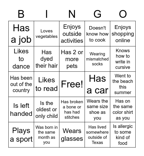 Get to Know You Bingo Card