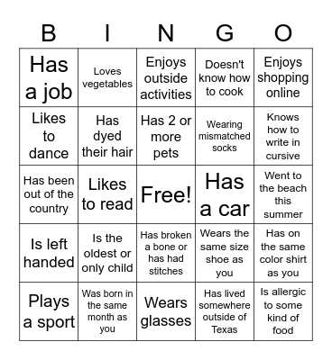 Get to Know You Bingo Card