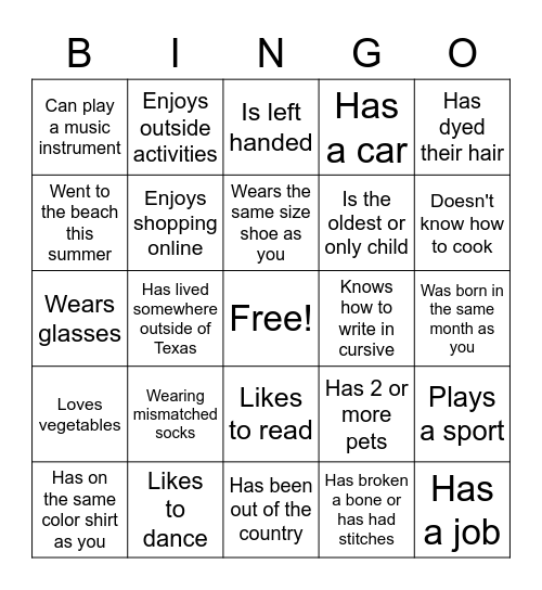 Get to Know You Bingo Card