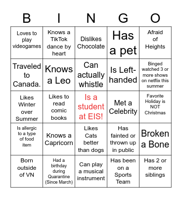 CORE 4 Grade 11 First Day Introduction Bingo Card