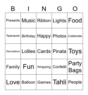 Tahli's Birthday Bingo! Bingo Card