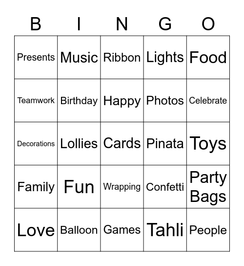 Tahli's Birthday Bingo! Bingo Card
