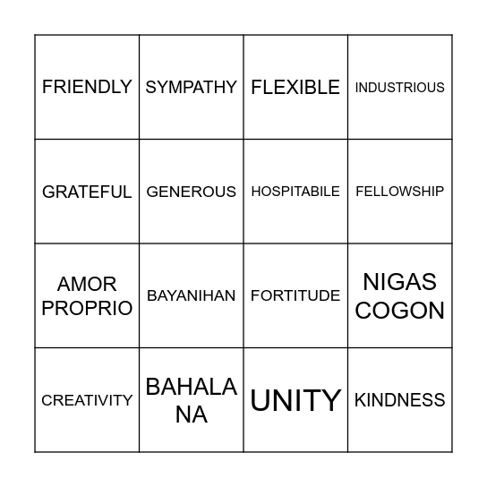 Philippine Values Bingo Card