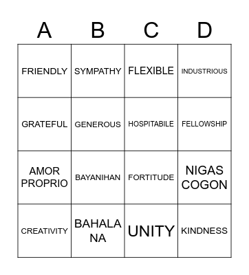 Philippine Values Bingo Card