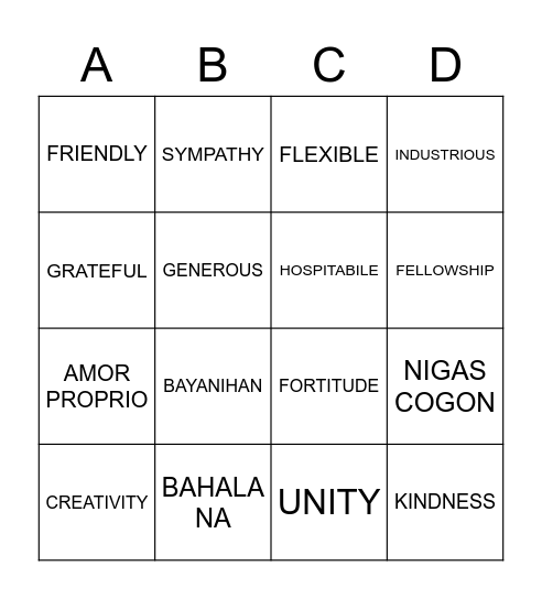 Philippine Values Bingo Card