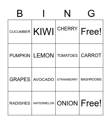 Fruits and vegetables Bingo Card
