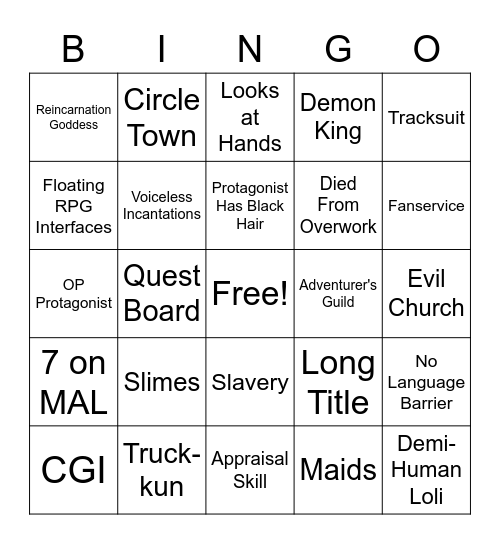 Generic Isekai Bingo Card