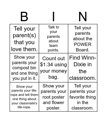 Open House Bingo Card