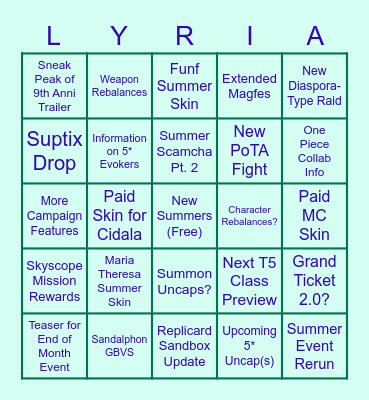 GBF Summer Stream '22 Bingo Card