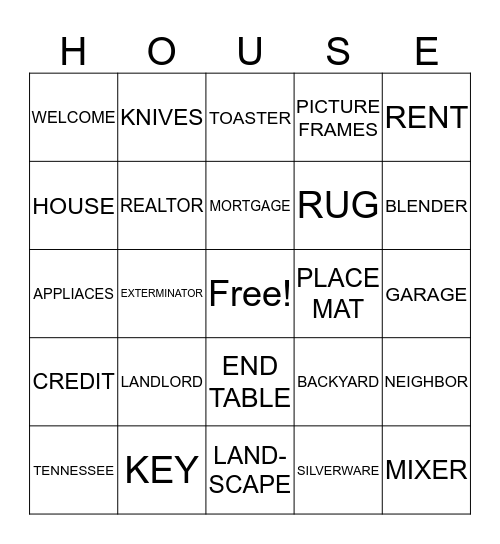 Tracy Housewarming Bingo Card