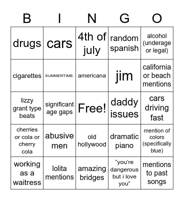 lana del rey bingo Card