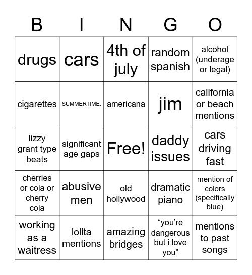 lana del rey bingo Card