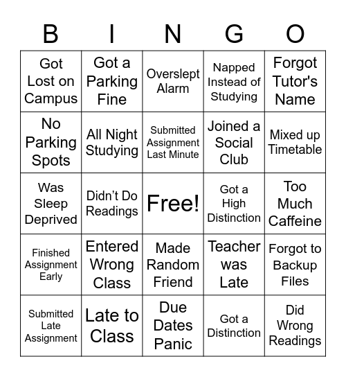 University Life Bingo Card