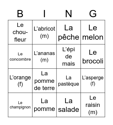 Les Fruits et legumes Bingo Card
