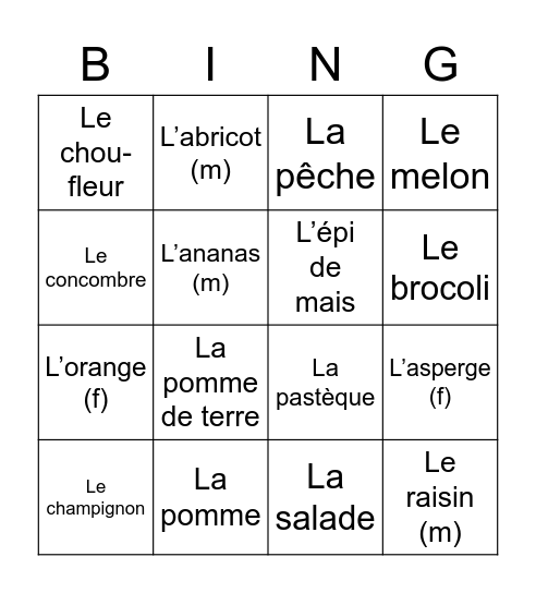 Les Fruits et legumes Bingo Card