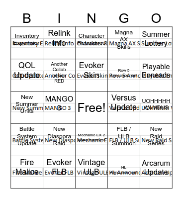 GBF SUMMER STREAM Bingo Card