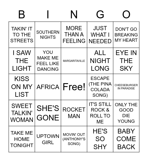 YACHT ROCK Bingo Card