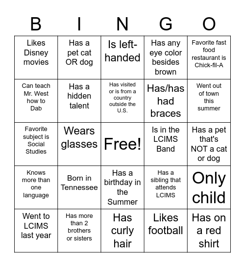 Classmate Bingo Card