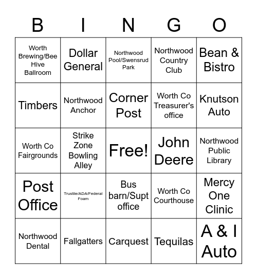 Northwood Wheels on the Bus Bingo Card