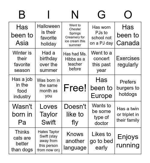 Who's Who in the Class? Bingo Card