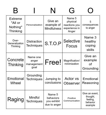 Anger Bingo Card