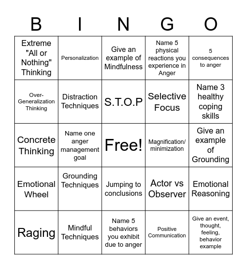 Anger Bingo Card